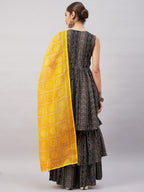 InWeave Women's Black Bandhani Teired Sharara Set W Mustard Kota Dupatta | Grocsy