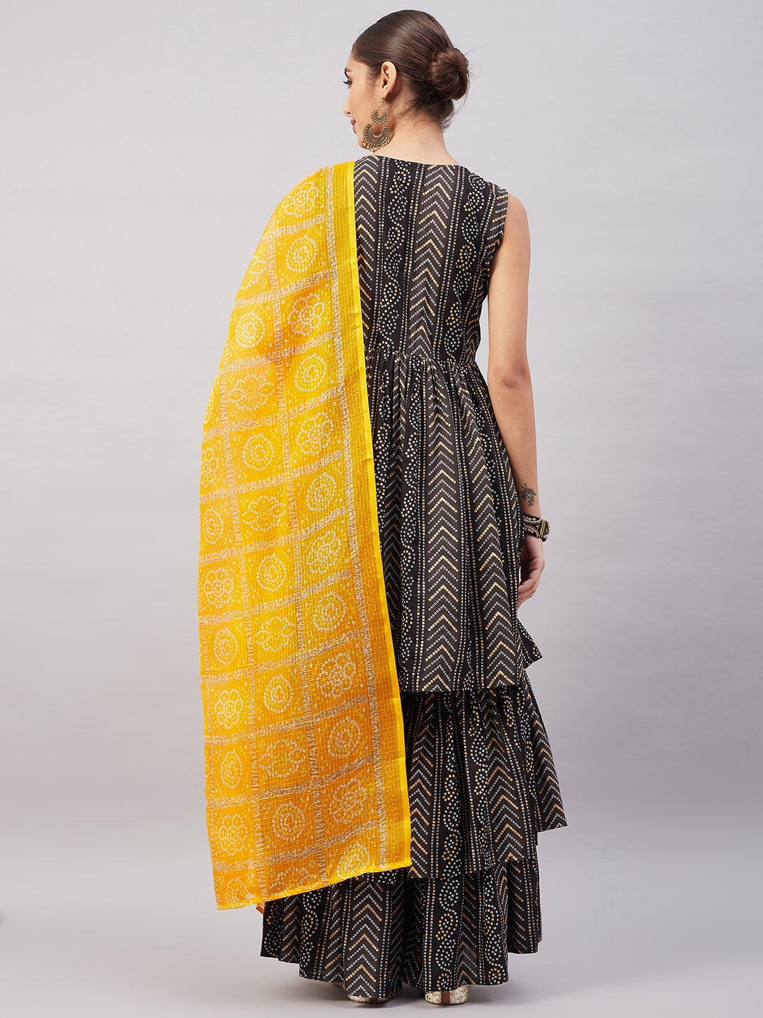 InWeave Women's Black Bandhani Teired Sharara Set W Mustard Kota Dupatta | Grocsy