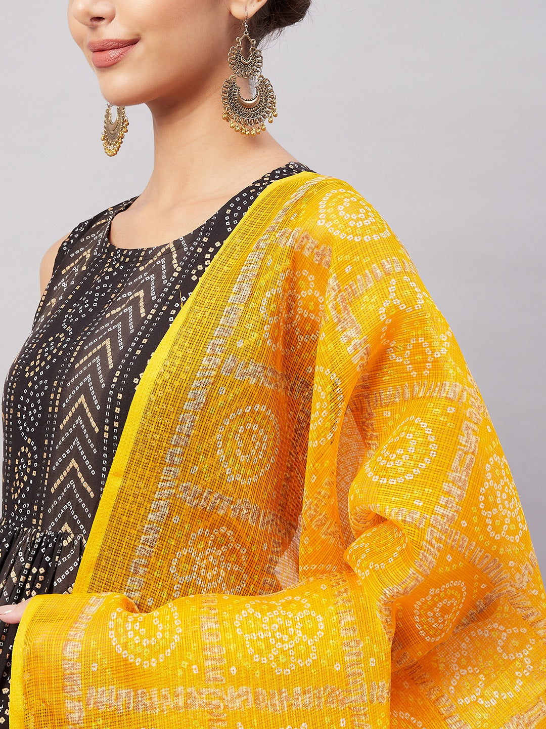 InWeave Women's Black Bandhani Teired Sharara Set W Mustard Kota Dupatta | Grocsy