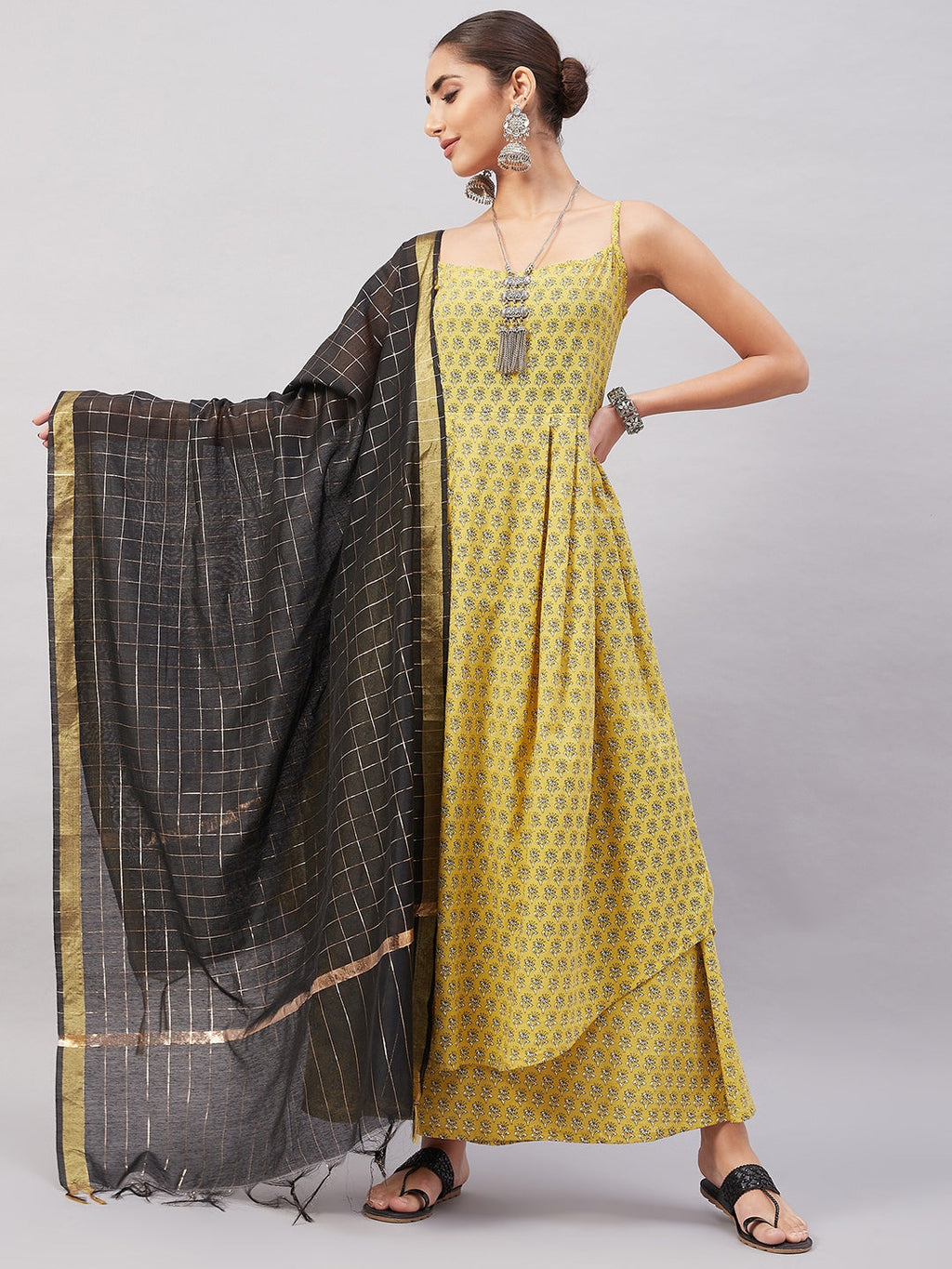 InWeave Women's Yelllow Floarl Print Strappy Set W Black Gold Check Dupatta | Grocsy