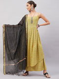InWeave Women's Yelllow Floarl Print Strappy Set W Black Gold Check Dupatta | Grocsy