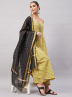 InWeave Women's Yelllow Floarl Print Strappy Set W Black Gold Check Dupatta | Grocsy
