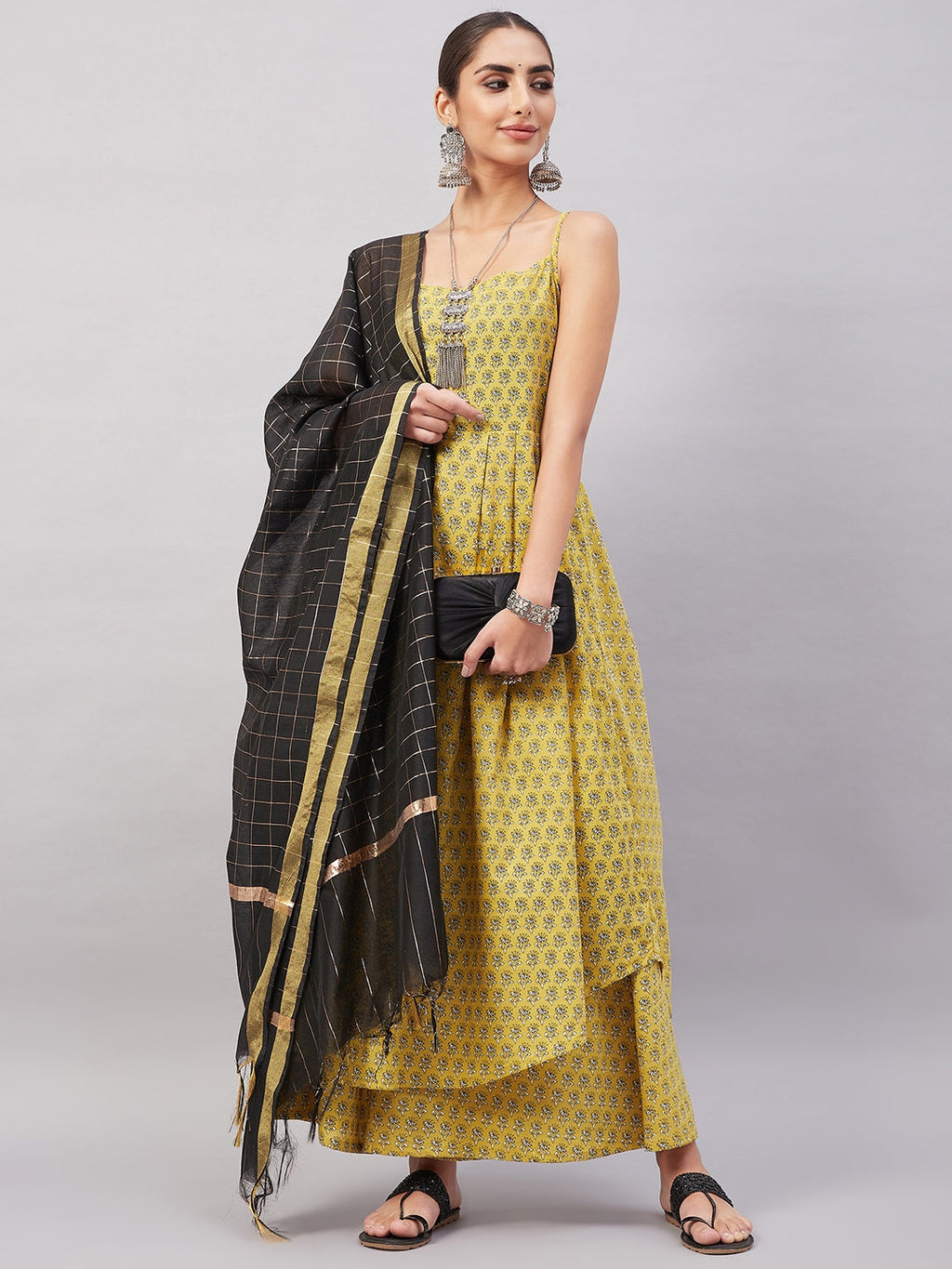 InWeave Women's Yelllow Floarl Print Strappy Set W Black Gold Check Dupatta | Grocsy