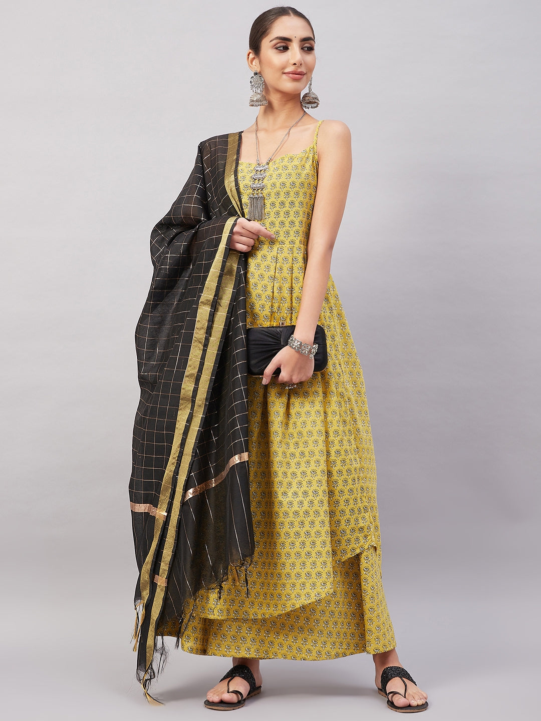 InWeave Women's Yelllow Floarl Print Strappy Set W Black Gold Check Dupatta | Grocsy