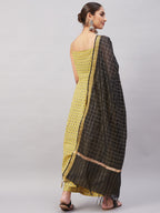 InWeave Women's Yelllow Floarl Print Strappy Set W Black Gold Check Dupatta | Grocsy