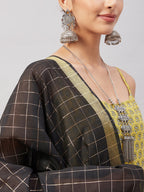 InWeave Women's Yelllow Floarl Print Strappy Set W Black Gold Check Dupatta | Grocsy