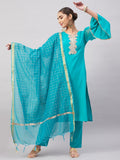 InWeave Women's Aqua Organza Sleeve Kurta Set With Teal Gold Check Dupatta | Grocsy