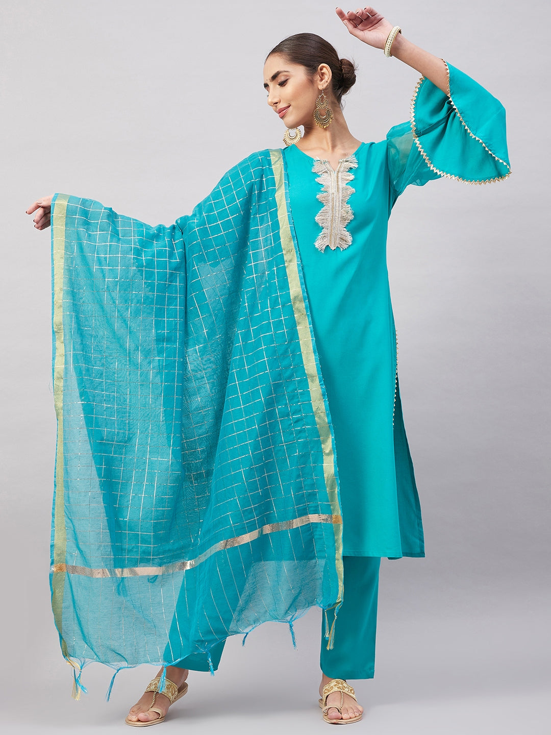 InWeave Women's Aqua Organza Sleeve Kurta Set With Teal Gold Check Dupatta | Grocsy