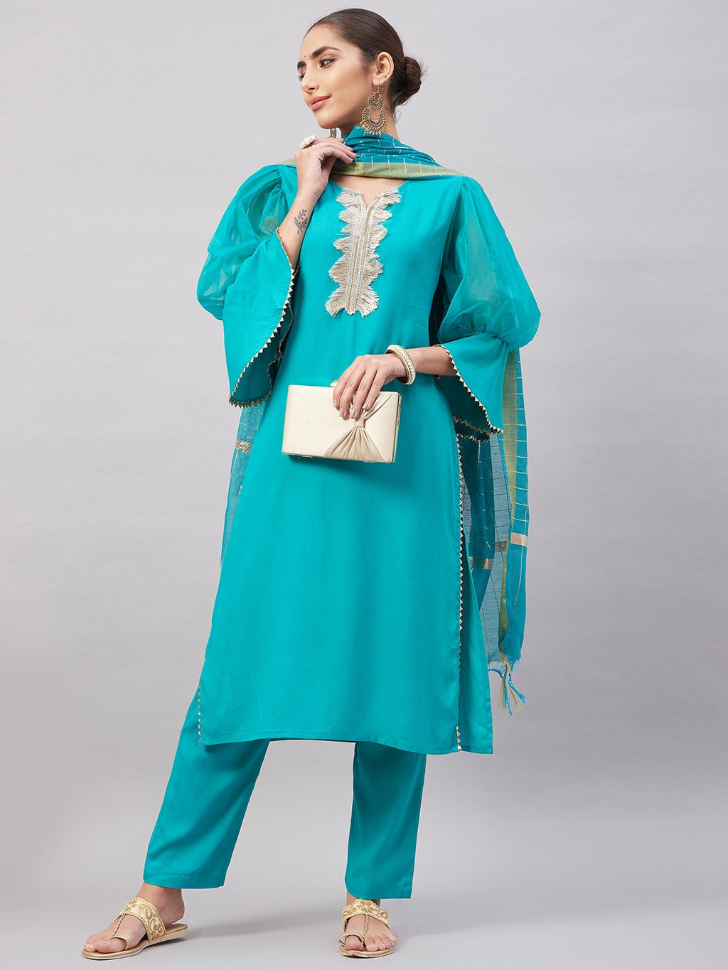InWeave Women's Aqua Organza Sleeve Kurta Set With Teal Gold Check Dupatta | Grocsy