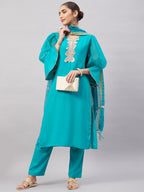 InWeave Women's Aqua Organza Sleeve Kurta Set With Teal Gold Check Dupatta | Grocsy