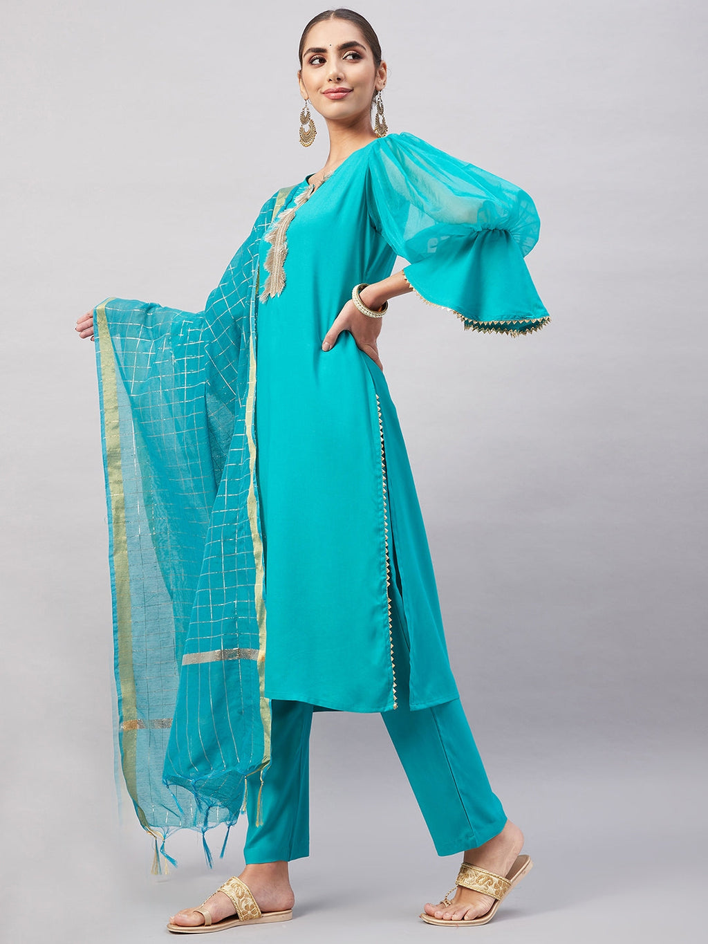 InWeave Women's Aqua Organza Sleeve Kurta Set With Teal Gold Check Dupatta | Grocsy
