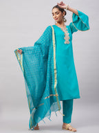 InWeave Women's Aqua Organza Sleeve Kurta Set With Teal Gold Check Dupatta | Grocsy