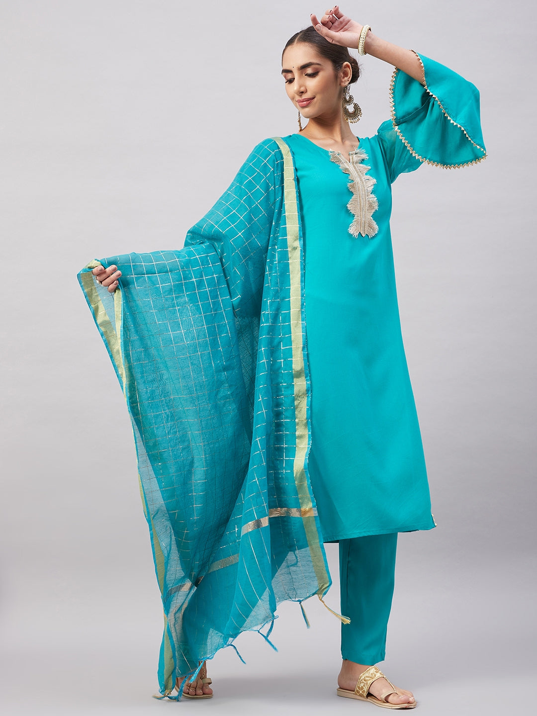 InWeave Women's Aqua Organza Sleeve Kurta Set With Teal Gold Check Dupatta | Grocsy