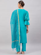 InWeave Women's Aqua Organza Sleeve Kurta Set With Teal Gold Check Dupatta | Grocsy