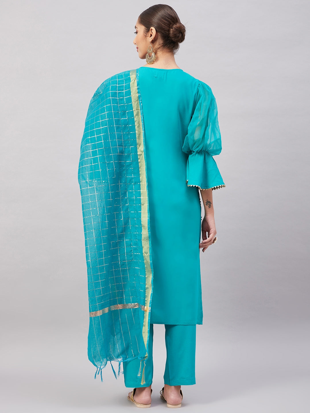 InWeave Women's Aqua Organza Sleeve Kurta Set With Teal Gold Check Dupatta | Grocsy