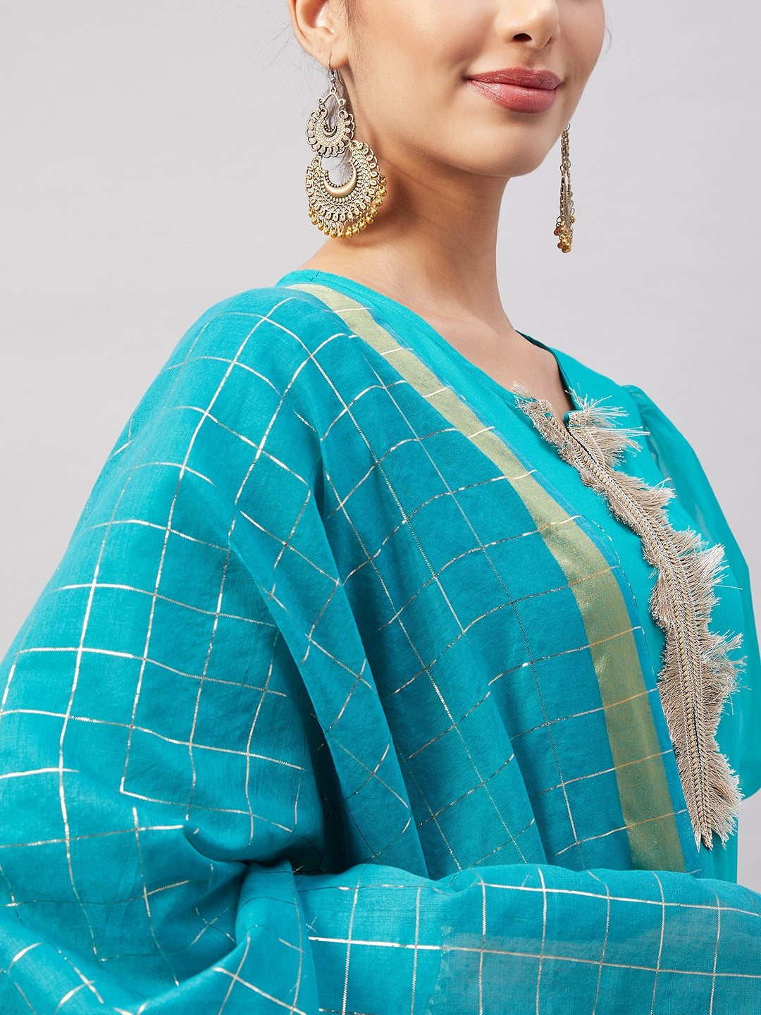 InWeave Women's Aqua Organza Sleeve Kurta Set With Teal Gold Check Dupatta | Grocsy
