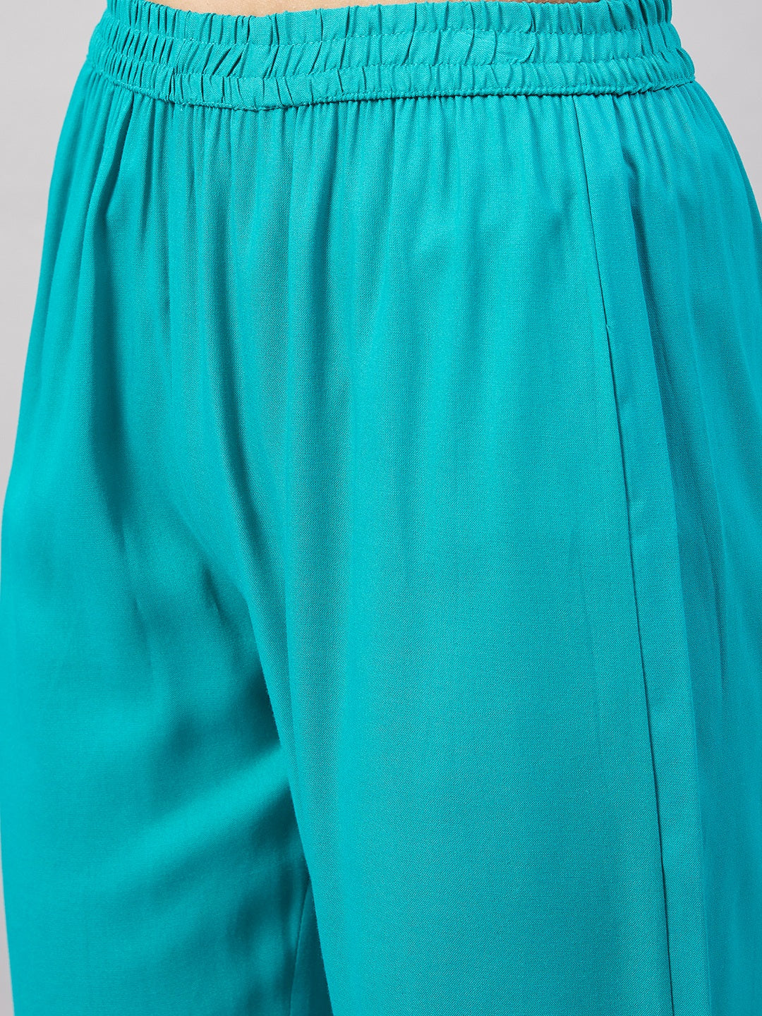 InWeave Women's Aqua Organza Sleeve Kurta Set With Teal Gold Check Dupatta | Grocsy