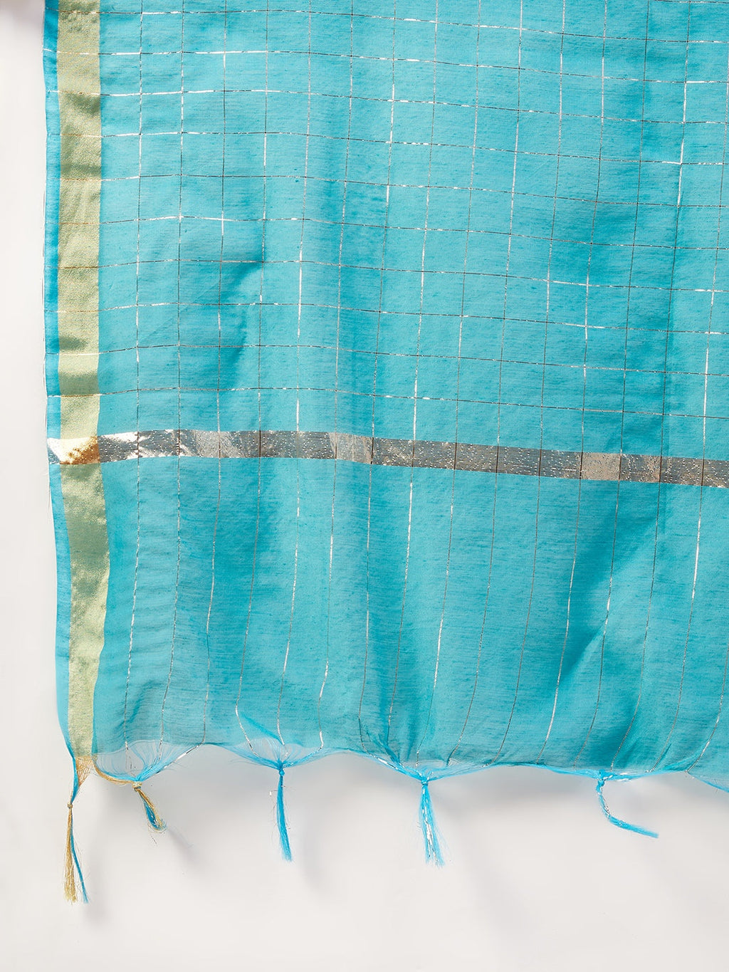 InWeave Women's Aqua Organza Sleeve Kurta Set With Teal Gold Check Dupatta | Grocsy