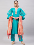 InWeave Women's Aqua Organza Sleeve Kurta Set With Peach Brocade Dupatta | Grocsy