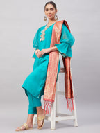 InWeave Women's Aqua Organza Sleeve Kurta Set With Peach Brocade Dupatta | Grocsy