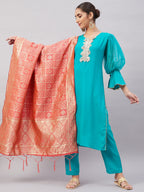 InWeave Women's Aqua Organza Sleeve Kurta Set With Peach Brocade Dupatta | Grocsy