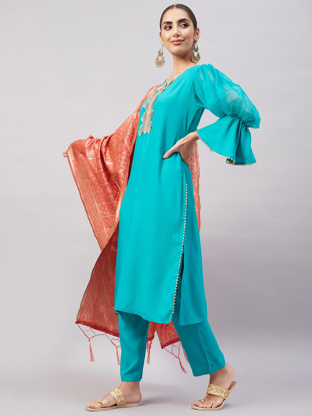 InWeave Women's Aqua Organza Sleeve Kurta Set With Peach Brocade Dupatta | Grocsy