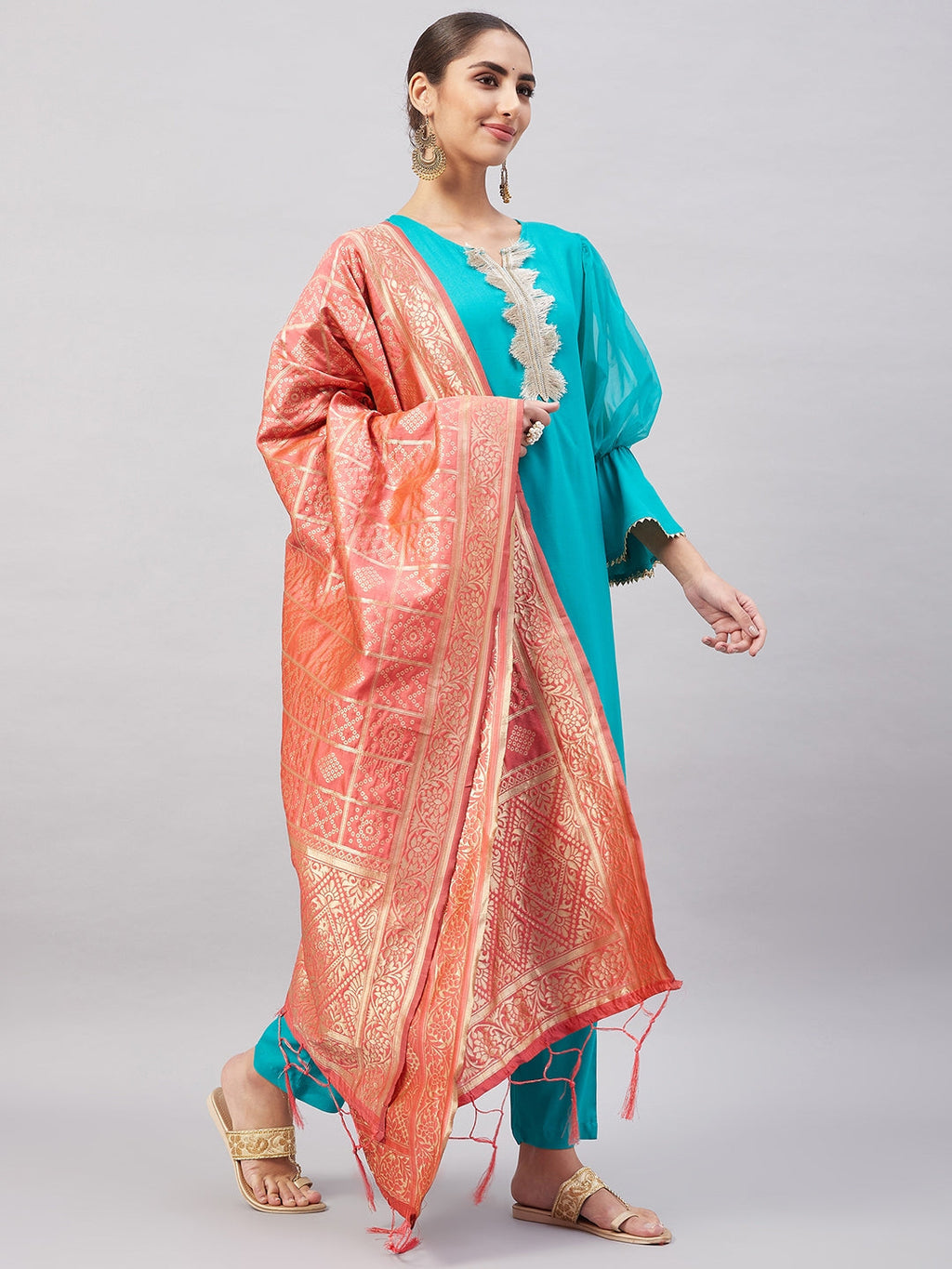 InWeave Women's Aqua Organza Sleeve Kurta Set With Peach Brocade Dupatta | Grocsy