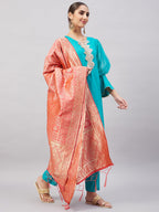 InWeave Women's Aqua Organza Sleeve Kurta Set With Peach Brocade Dupatta | Grocsy