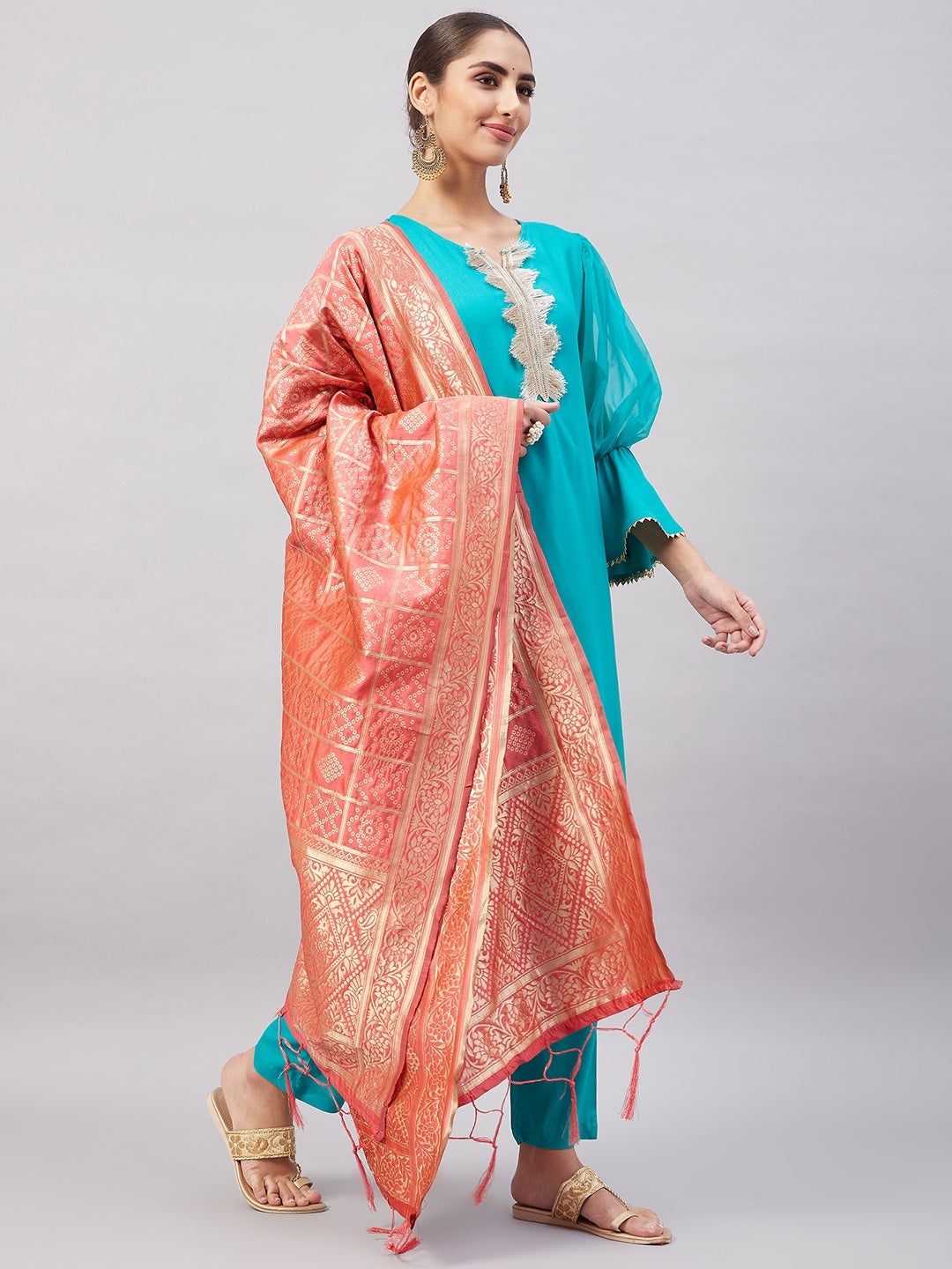 InWeave Women's Aqua Organza Sleeve Kurta Set With Peach Brocade Dupatta | Grocsy