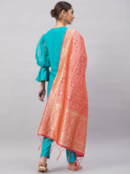InWeave Women's Aqua Organza Sleeve Kurta Set With Peach Brocade Dupatta | Grocsy