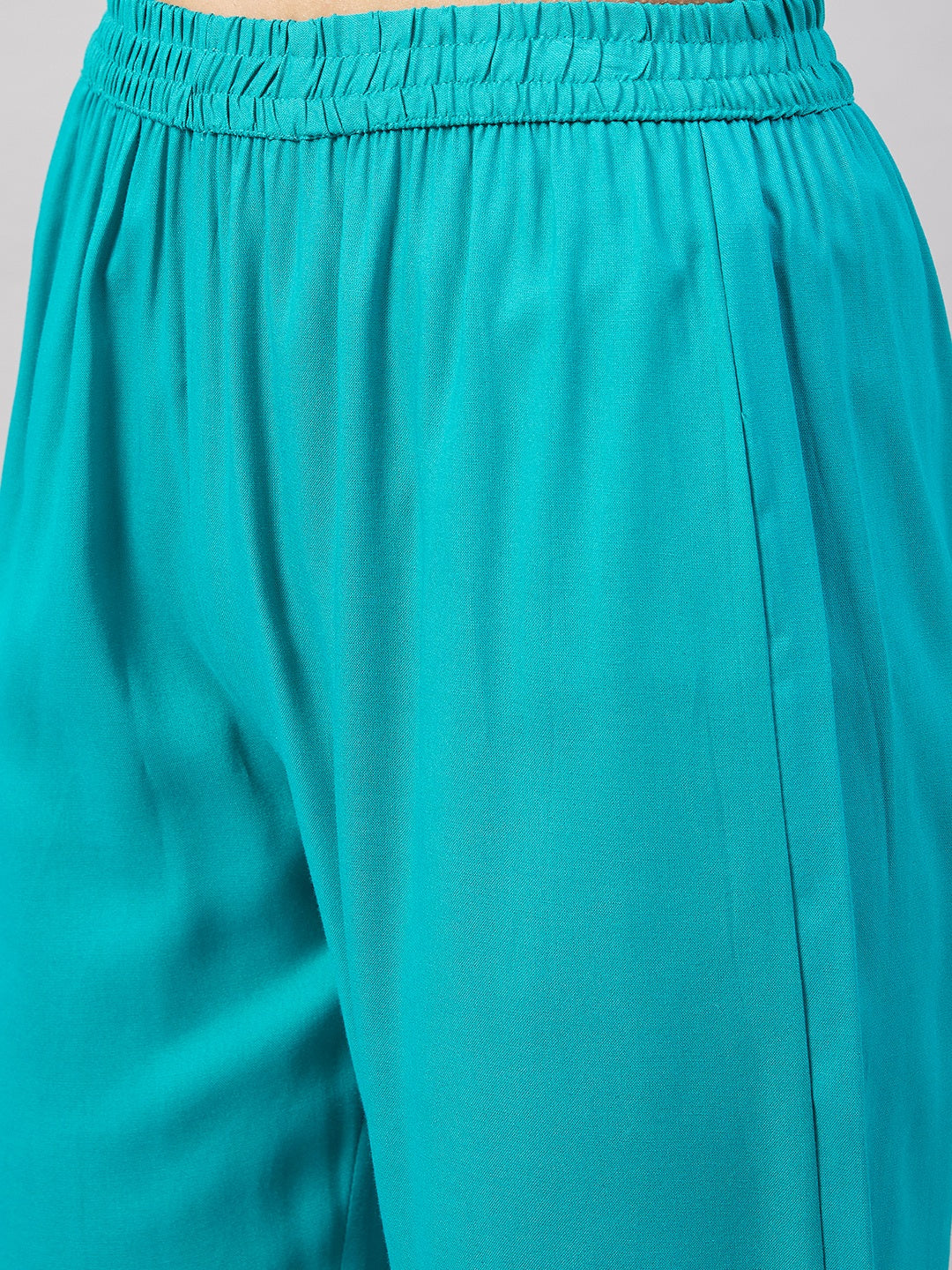 InWeave Women's Aqua Organza Sleeve Kurta Set With Peach Brocade Dupatta | Grocsy
