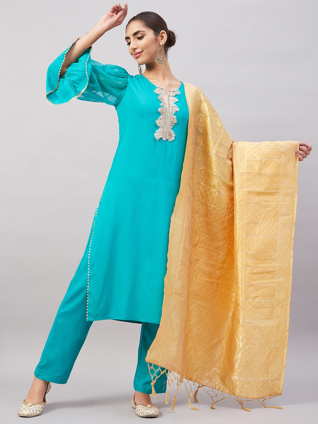InWeave Women's Aqua Organza Sleeve Kurta Set With Beige Brocade Dupatta | Grocsy