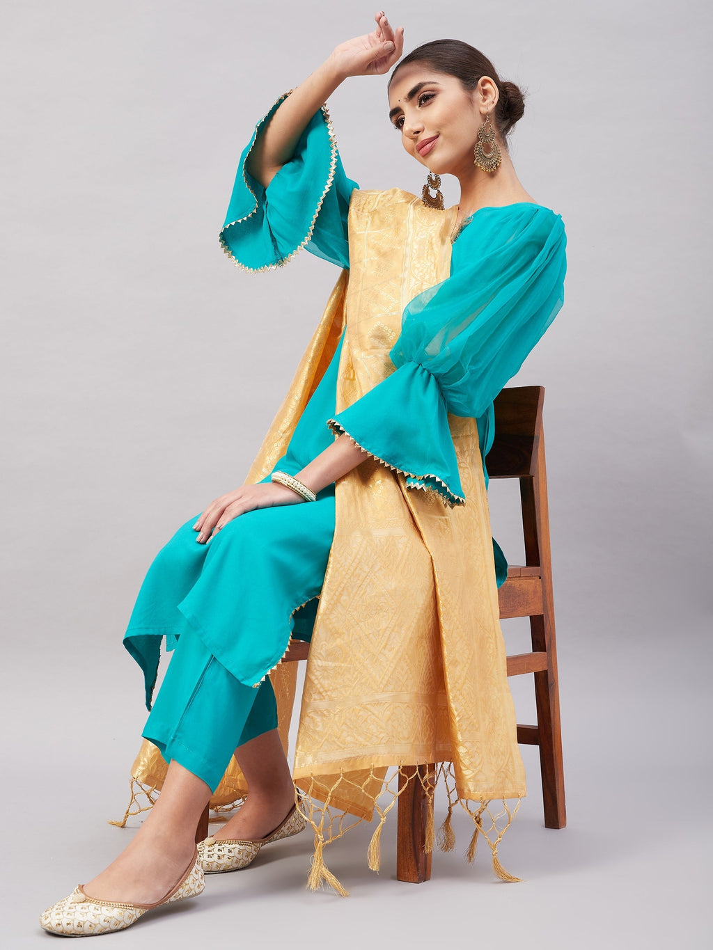 InWeave Women's Aqua Organza Sleeve Kurta Set With Beige Brocade Dupatta | Grocsy