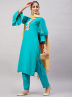 InWeave Women's Aqua Organza Sleeve Kurta Set With Beige Brocade Dupatta | Grocsy
