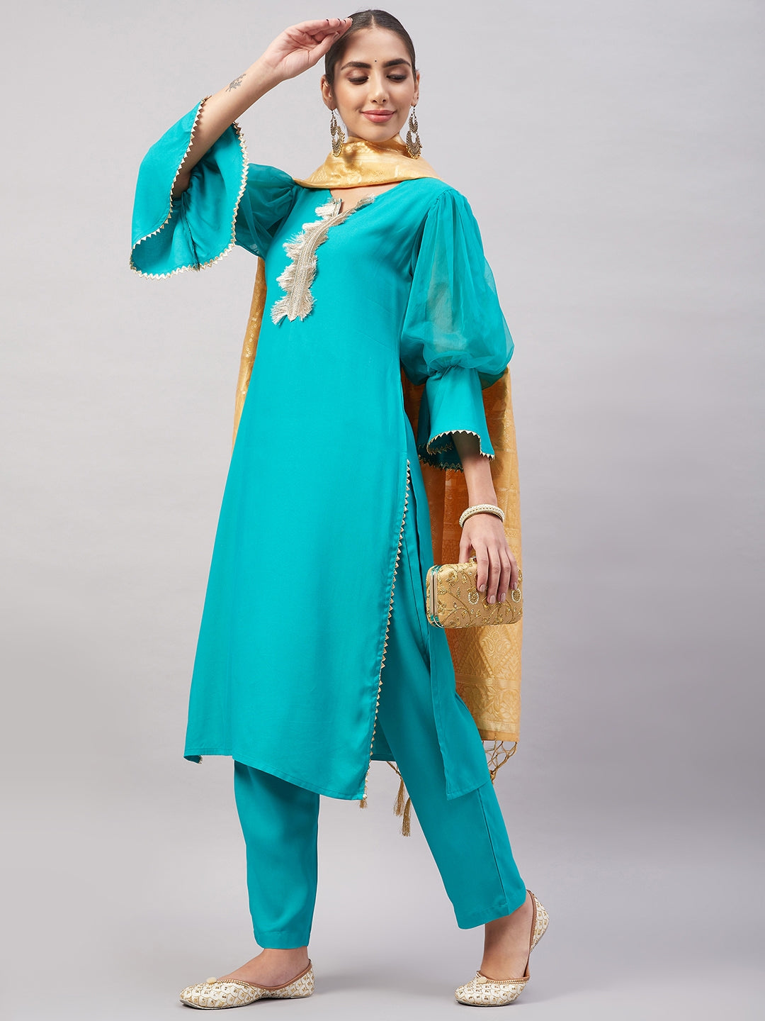 InWeave Women's Aqua Organza Sleeve Kurta Set With Beige Brocade Dupatta | Grocsy