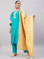 InWeave Women's Aqua Organza Sleeve Kurta Set With Beige Brocade Dupatta | Grocsy