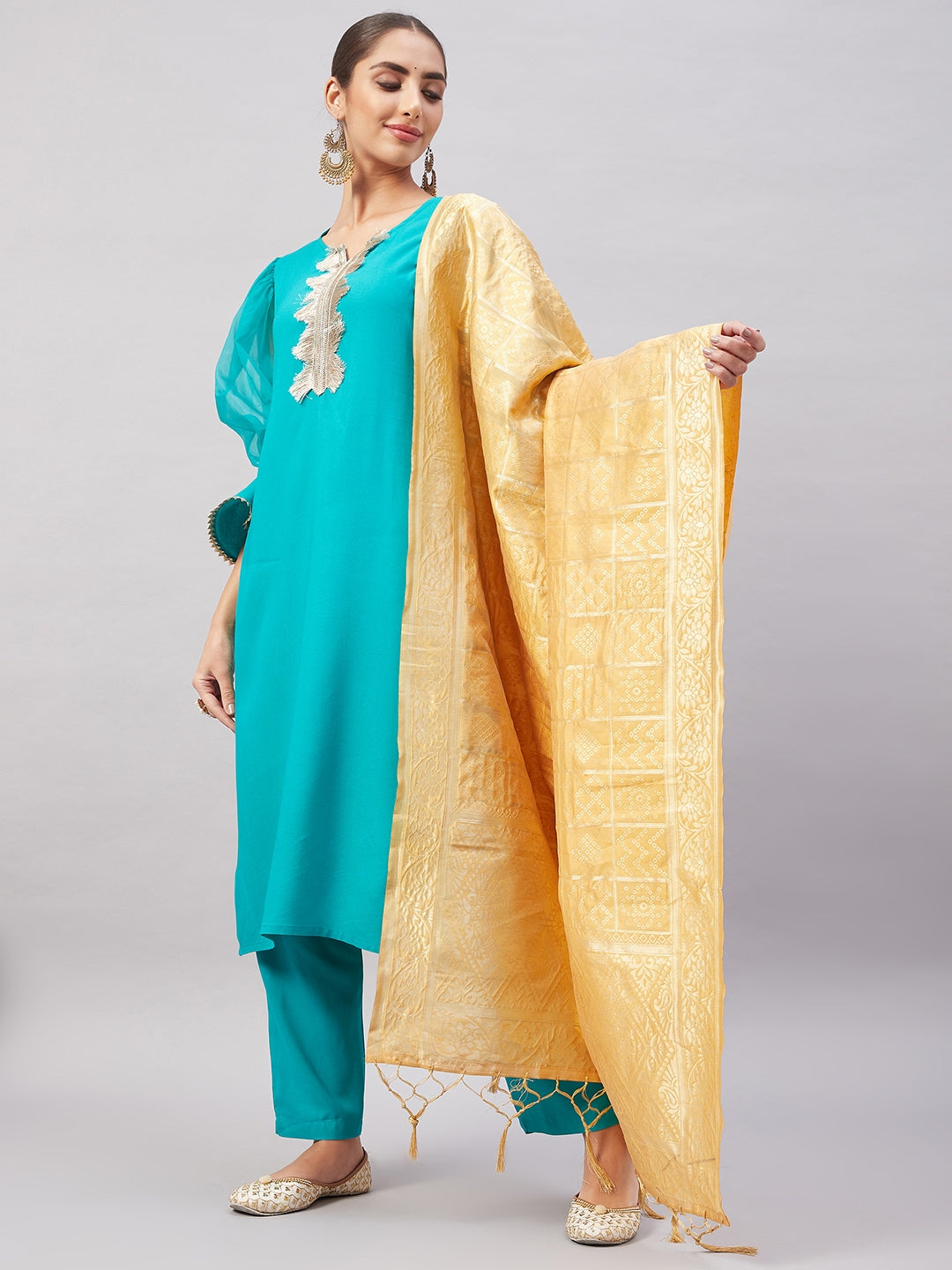 InWeave Women's Aqua Organza Sleeve Kurta Set With Beige Brocade Dupatta | Grocsy