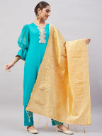 InWeave Women's Aqua Organza Sleeve Kurta Set With Beige Brocade Dupatta | Grocsy