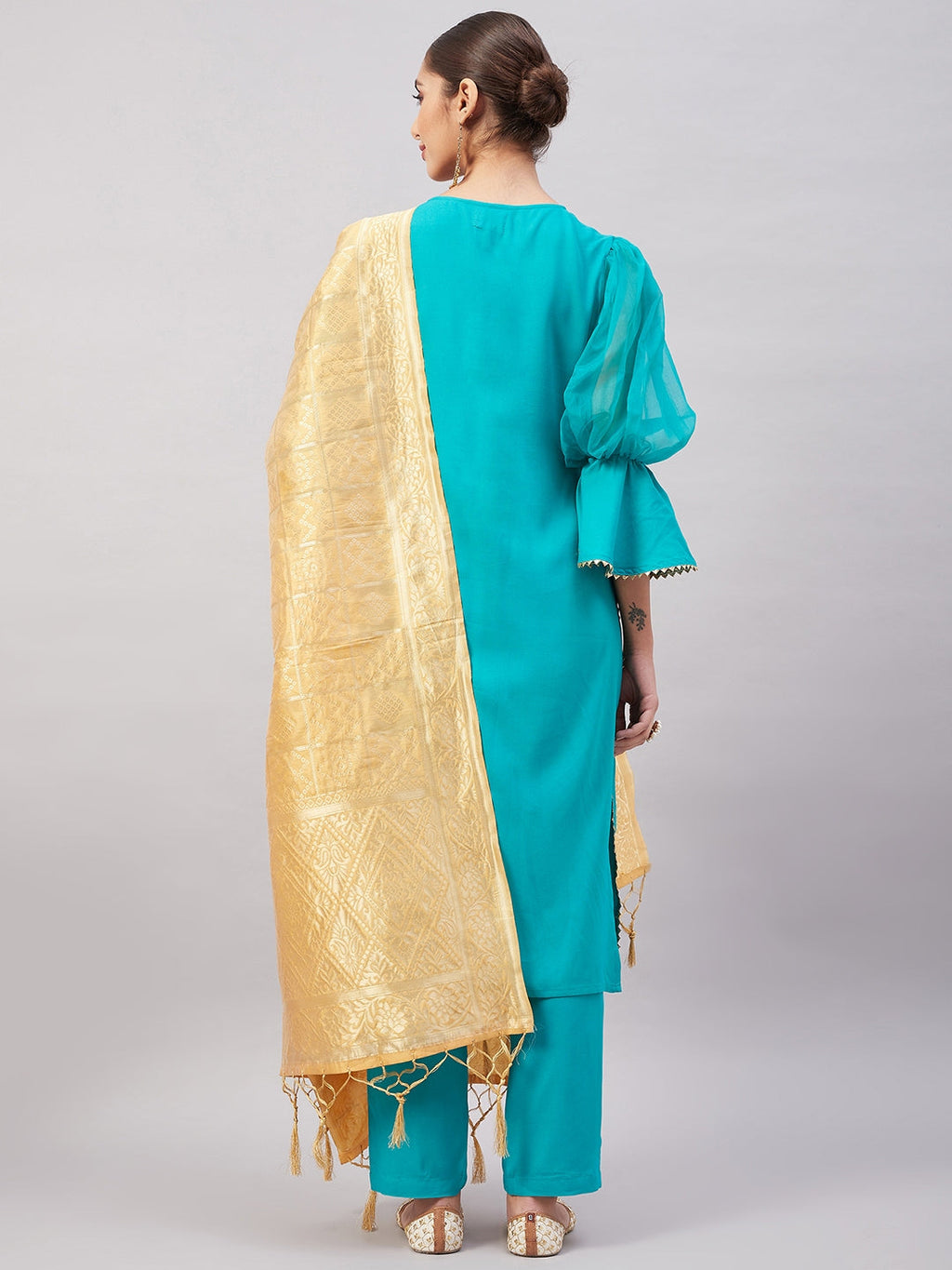 InWeave Women's Aqua Organza Sleeve Kurta Set With Beige Brocade Dupatta | Grocsy