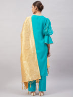 InWeave Women's Aqua Organza Sleeve Kurta Set With Beige Brocade Dupatta | Grocsy