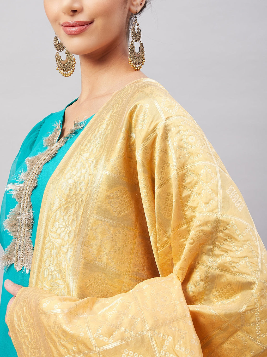 InWeave Women's Aqua Organza Sleeve Kurta Set With Beige Brocade Dupatta | Grocsy