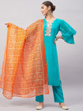 InWeave Women's Aqua Organza Sleeve Kurta Set With Orange Kota Dupatta | Grocsy