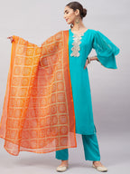 InWeave Women's Aqua Organza Sleeve Kurta Set With Orange Kota Dupatta | Grocsy