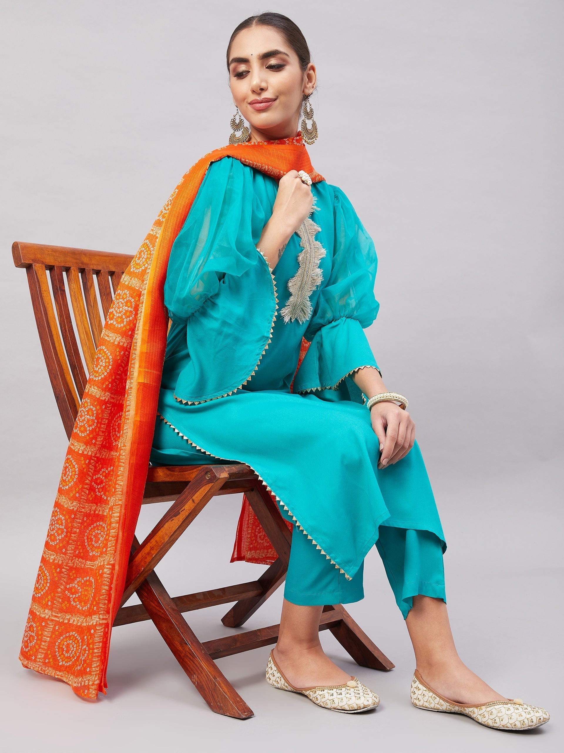 InWeave Women's Aqua Organza Sleeve Kurta Set With Orange Kota Dupatta | Grocsy