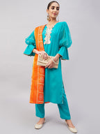 InWeave Women's Aqua Organza Sleeve Kurta Set With Orange Kota Dupatta | Grocsy