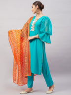 InWeave Women's Aqua Organza Sleeve Kurta Set With Orange Kota Dupatta | Grocsy