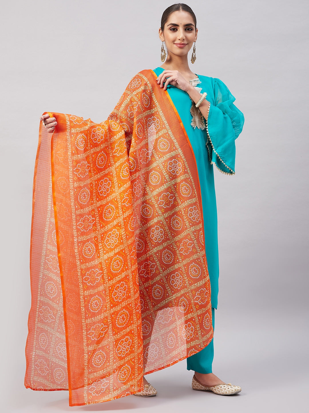 InWeave Women's Aqua Organza Sleeve Kurta Set With Orange Kota Dupatta | Grocsy