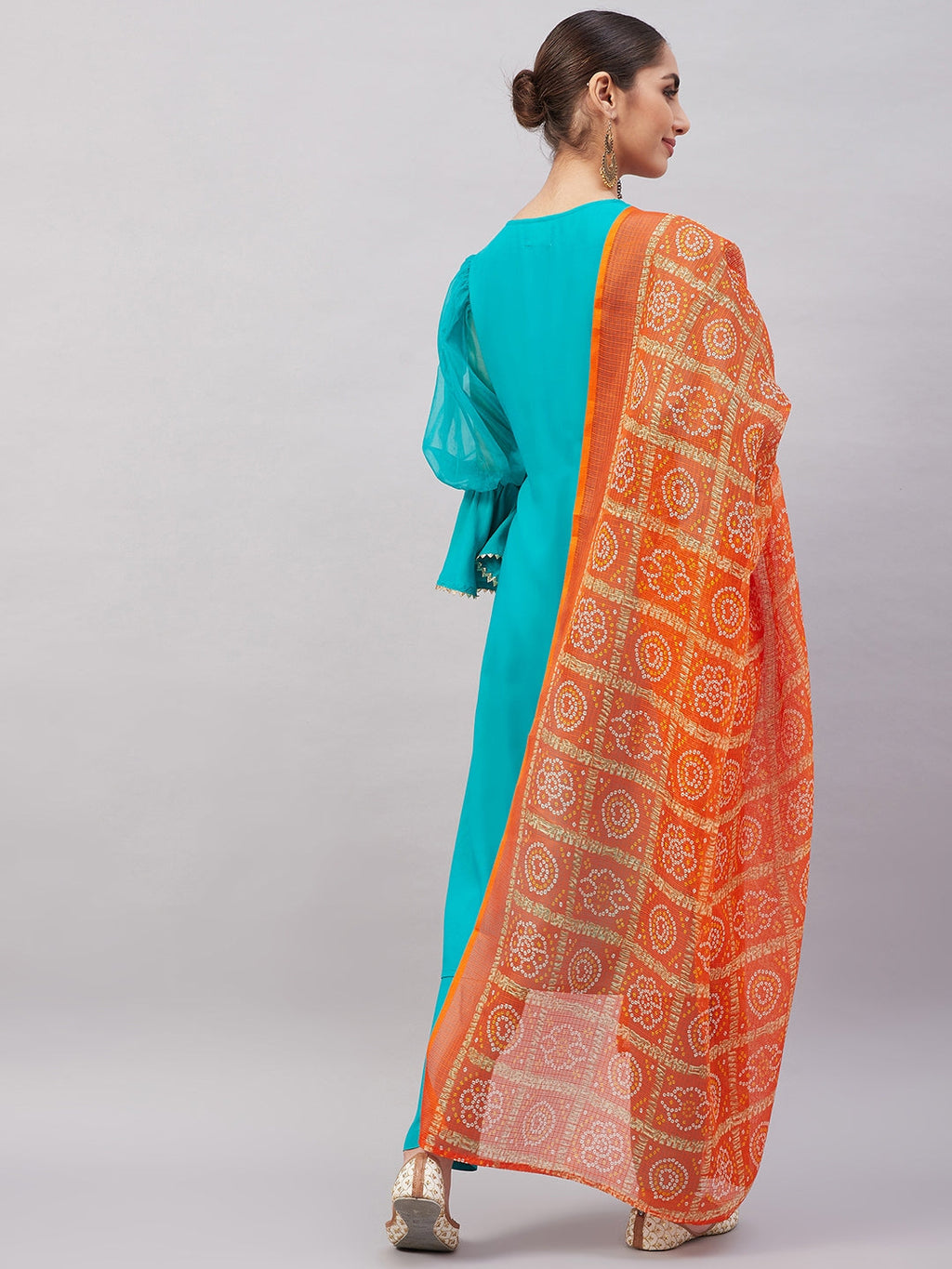 InWeave Women's Aqua Organza Sleeve Kurta Set With Orange Kota Dupatta | Grocsy