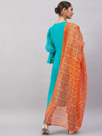 InWeave Women's Aqua Organza Sleeve Kurta Set With Orange Kota Dupatta | Grocsy