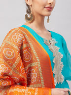 InWeave Women's Aqua Organza Sleeve Kurta Set With Orange Kota Dupatta | Grocsy
